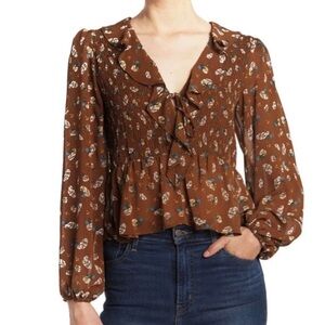 ASTR the Label Brown Ditsy Floral Ruffle Long Sleeve Smocked Top size Small